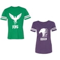thumbnail image 1 of King Queen Eagle White Unisex Couple Matching Cotton Jersey style T-Shirt Contrasting stripes on sleeves (Men Green / Women Purple) (Men XL / Women S), 1 of 3