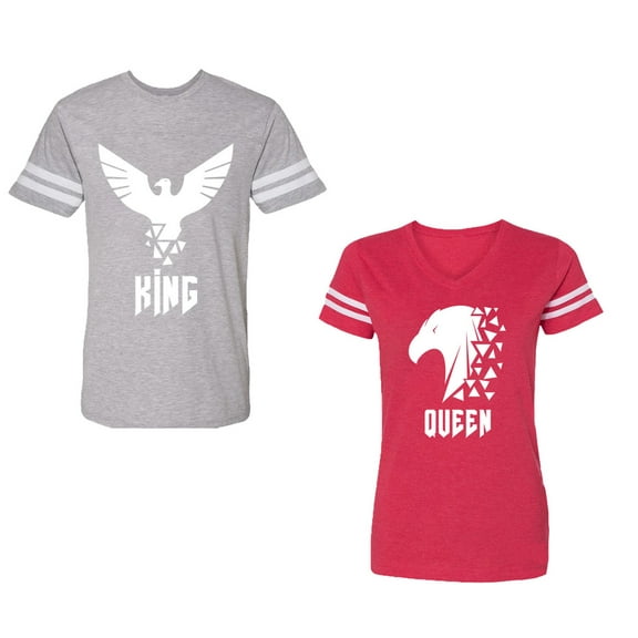 King Queen Eagle White Unisex Couple Matching Cotton Jersey style T-Shirt Contrasting stripes on sleeves (Men Heather / Women Red) (Men XXL / Women L)