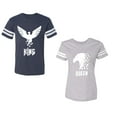thumbnail image 1 of King Queen Eagle White Unisex Couple Matching Cotton Jersey style T-Shirt Contrasting stripes on sleeves (Men Navy / Women Heather) (Men XXL / Women L), 1 of 3
