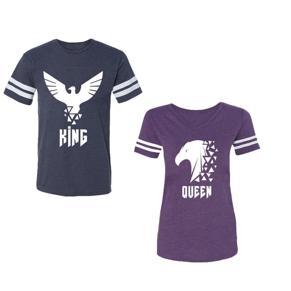 King Queen Eagle White Unisex Couple Matching Cotton Jersey style T-Shirt Contrasting stripes on sleeves (Men Navy / Women Purple) (Men S / Women XXL)
