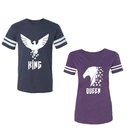 King Queen Eagle White Unisex Couple Matching Cotton Jersey style T-Shirt Contrasting stripes on sleeves (Men Navy / Women Purple) (Men XXL / Women L)