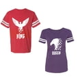 thumbnail image 1 of King Queen Eagle White Unisex Couple Matching Cotton Jersey style T-Shirt Contrasting stripes on sleeves (Men Red / Women Purple) (Men XL / Women XXL), 1 of 3