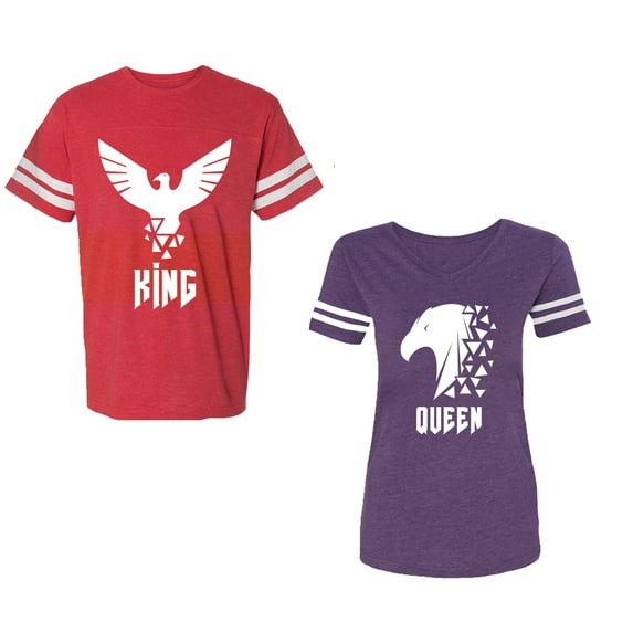 King Queen Eagle White Unisex Couple Matching Cotton Jersey style T-Shirt Contrasting stripes on sleeves (Men Red / Women Purple) (Men XL / Women XXL)