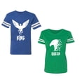 thumbnail image 1 of King Queen Eagle White Unisex Couple Matching Cotton Jersey style T-Shirt Contrasting stripes on sleeves (Men Royal / Women Green) (Men XXL / Women L), 1 of 3