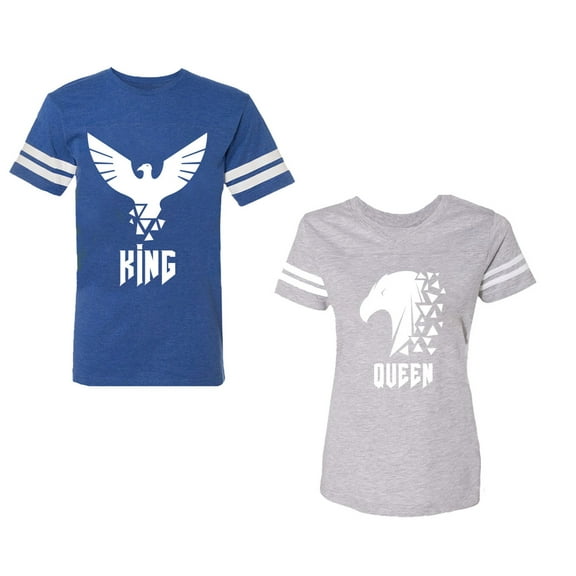 King Queen Eagle White Unisex Couple Matching Cotton Jersey style T-Shirt Contrasting stripes on sleeves (Men Royal / Women Heather) (Men M / Women M)