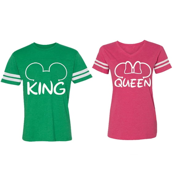 King Queen Ear Matching Couple Cotton Jerseys (Men Green / Women Pink) (Men XXL / Women L)