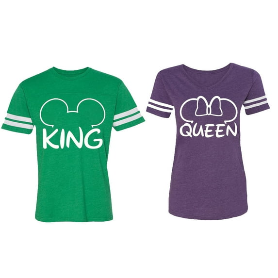 King Queen Ear Matching Couple Cotton Jerseys (Men Green / Women Purple) (Men L / Women L)