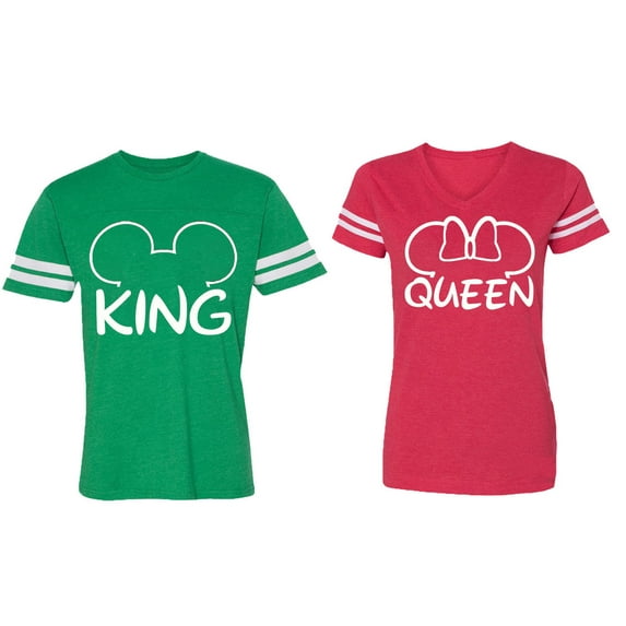 King Queen Ear Matching Couple Cotton Jerseys (Men Green / Women Red) (Men XL / Women M)