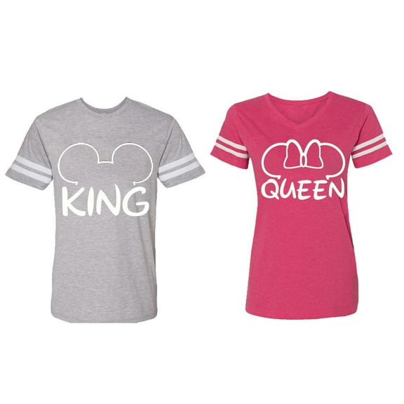 King Queen Ear Matching Couple Cotton Jerseys (Men Heather / Women Pink) (Men L / Women S)