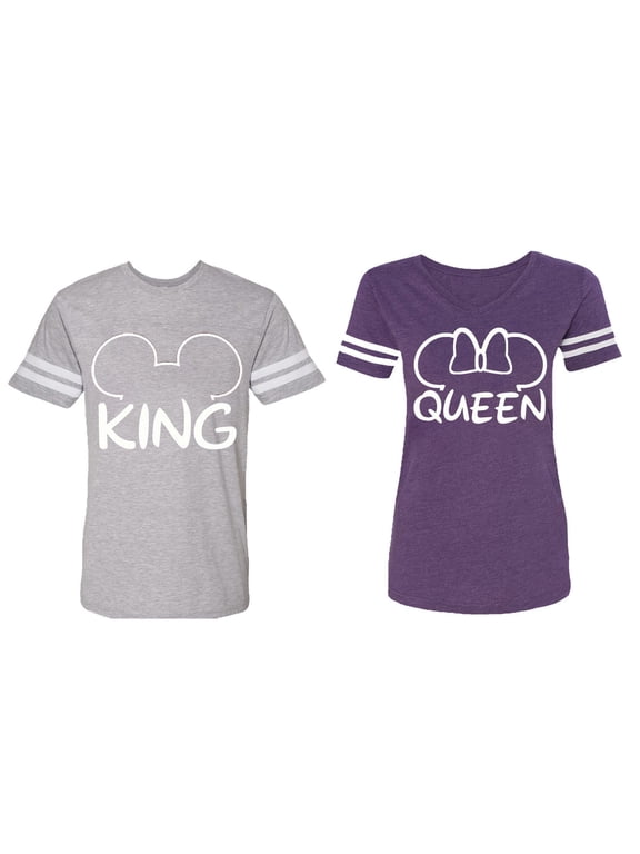 King Queen Ear Matching Couple Cotton Jerseys (Men Heather / Women Purple) (Men XL / Women L)