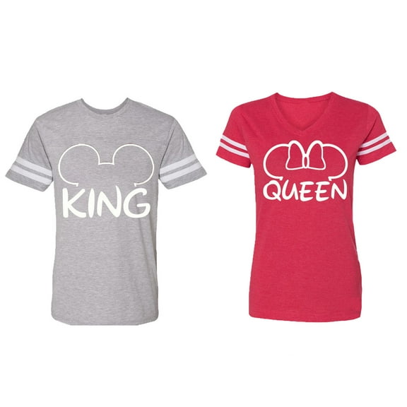 King Queen Ear Matching Couple Cotton Jerseys (Men Heather / Women Red) (Men L / Women S)