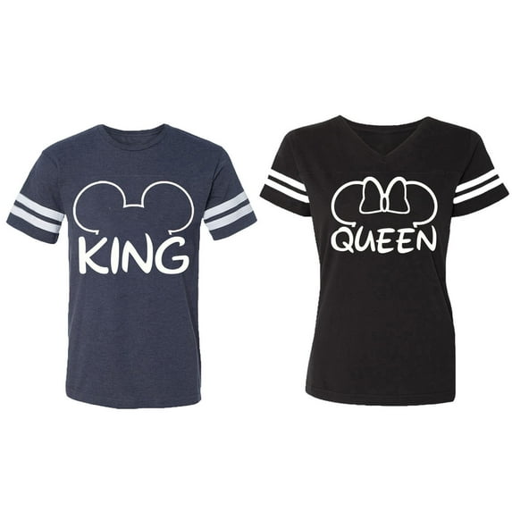 King Queen Ear Matching Couple Cotton Jerseys (Men Navy / Women Black) (Men M / Women XXL)