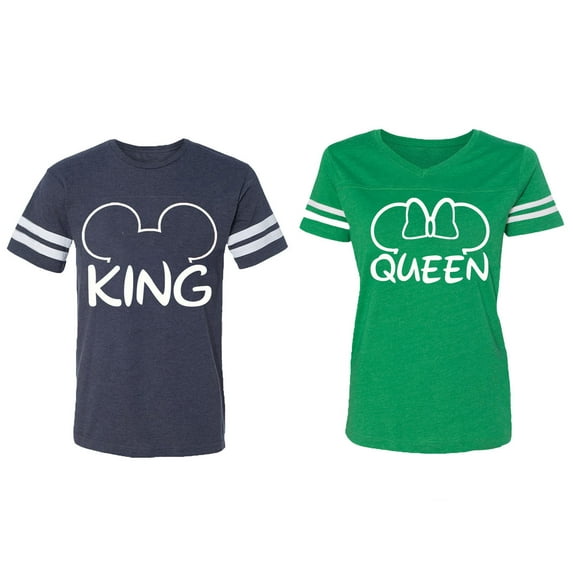 King Queen Ear Matching Couple Cotton Jerseys (Men Navy / Women Green) (Men XXL / Women XL)