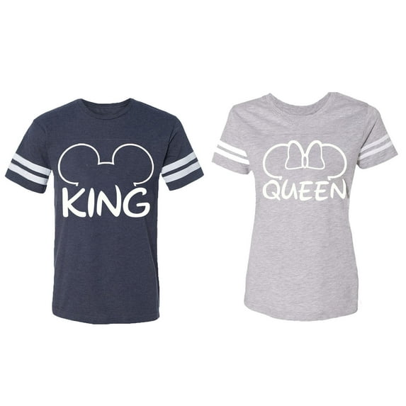 King Queen Ear Matching Couple Cotton Jerseys (Men Navy / Women Heather) (Men S / Women XXL)