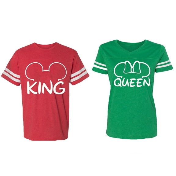King Queen Ear Matching Couple Cotton Jerseys (Men Red / Women Green) (Men S / Women L)