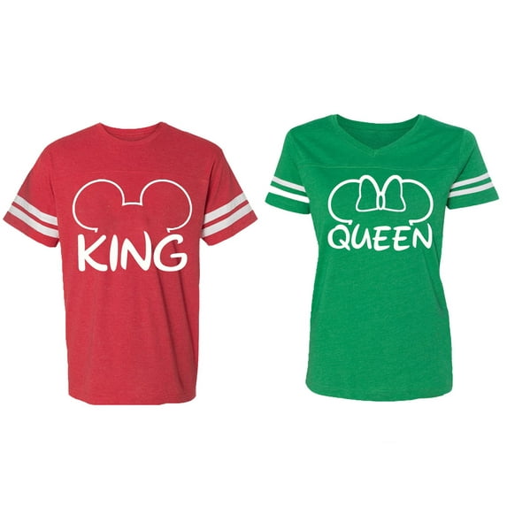 King Queen Ear Matching Couple Cotton Jerseys (Men Red / Women Green) (Men S / Women XL)