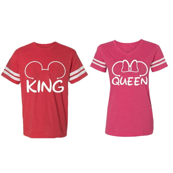 King Queen Ear Matching Couple Cotton Jerseys (Men Red / Women Pink) (Men L / Women S)