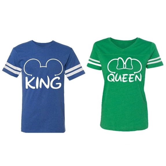 King Queen Ear Matching Couple Cotton Jerseys (Men Royal / Women Green) (Men XXL / Women S)