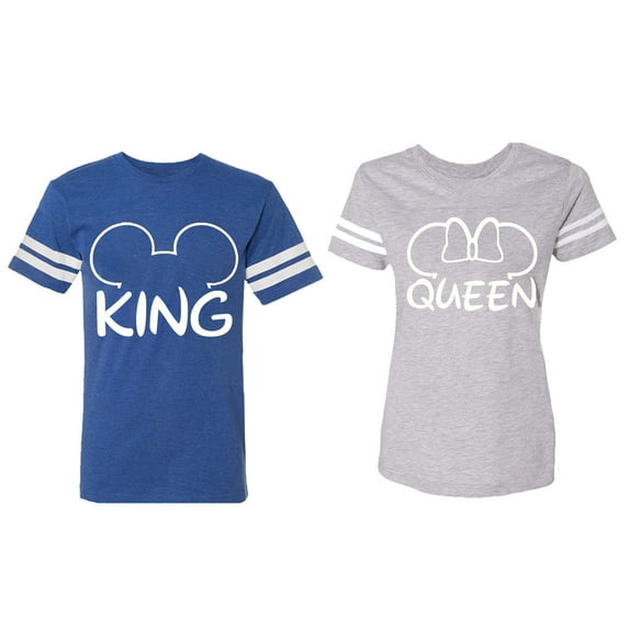King Queen Ear Matching Couple Cotton Jerseys (Men Royal / Women Heather) (Men S / Women XXL)