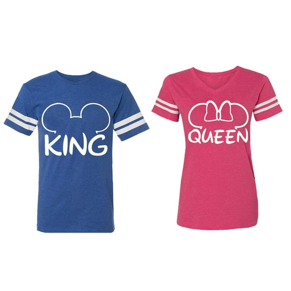 King Queen Ear Matching Couple Cotton Jerseys (Men Royal / Women Pink) (Men M / Women S)
