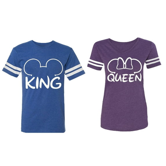 King Queen Ear Matching Couple Cotton Jerseys (Men Royal / Women Purple) (Men S / Women XXL)