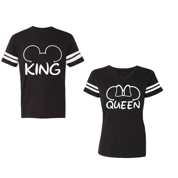 King Queen Ear Unisex Couple Matching Cotton Jersey style T-Shirt Contrasting stripes on sleeves (Men Black / Women Black) (Men S / Women S)