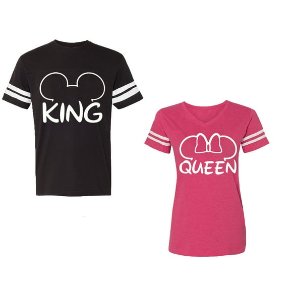 King Queen Ear Unisex Couple Matching Cotton Jersey style T-Shirt Contrasting stripes on sleeves (Men Black / Women Pink) (Men S / Women S)