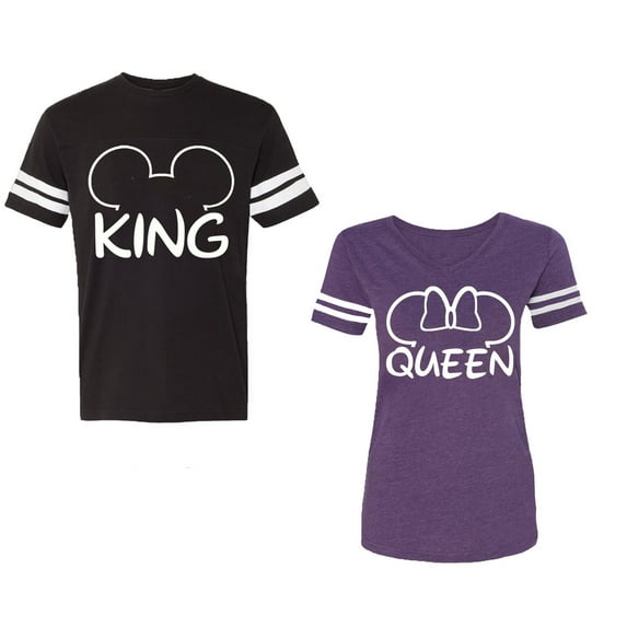 King Queen Ear Unisex Couple Matching Cotton Jersey style T-Shirt Contrasting stripes on sleeves (Men Black / Women Purple) (Men XL / Women L)