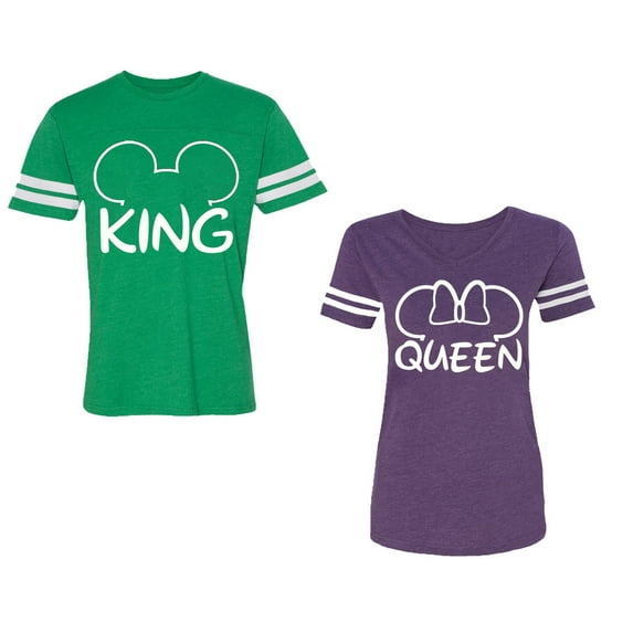 King Queen Ear Unisex Couple Matching Cotton Jersey style T-Shirt Contrasting stripes on sleeves (Men Green / Women Purple) (Men XXXL / Women XXL)