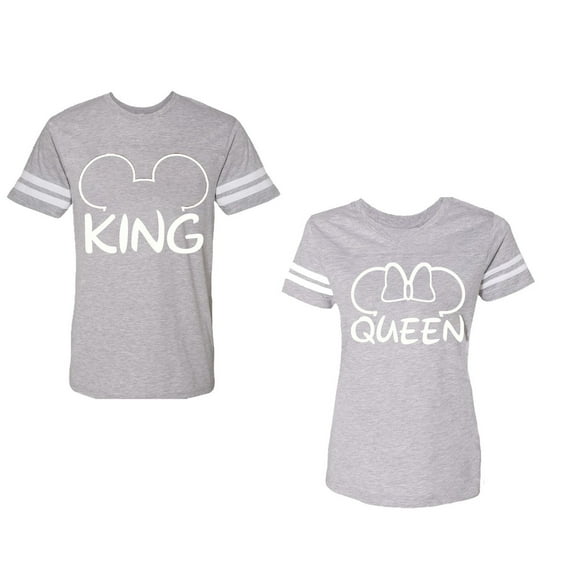 King Queen Ear Unisex Couple Matching Cotton Jersey style T-Shirt Contrasting stripes on sleeves (Men Heather / Women Heather) (Men S / Women M)