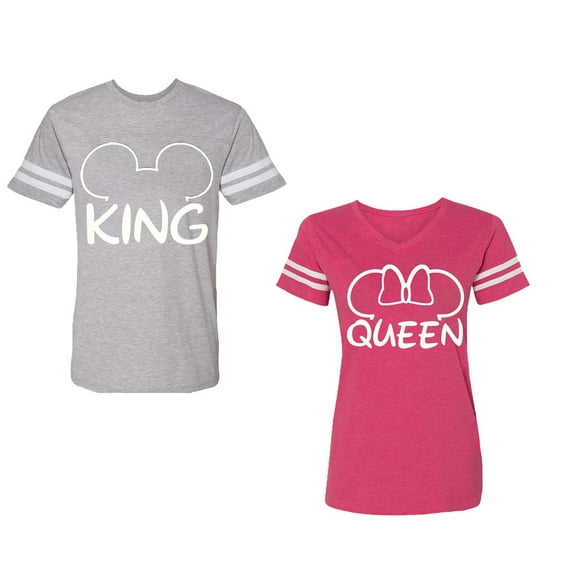 King Queen Ear Unisex Couple Matching Cotton Jersey style T-Shirt Contrasting stripes on sleeves (Men Heather / Women Pink) (Men M / Women XL)