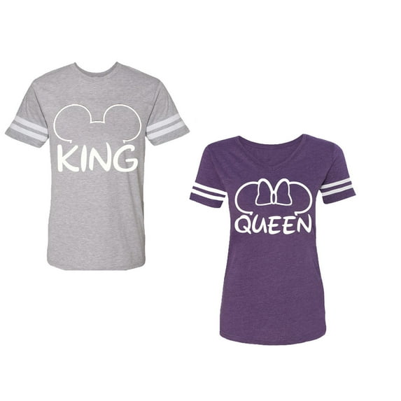 King Queen Ear Unisex Couple Matching Cotton Jersey style T-Shirt Contrasting stripes on sleeves (Men Heather / Women Purple) (Men XL / Women M)