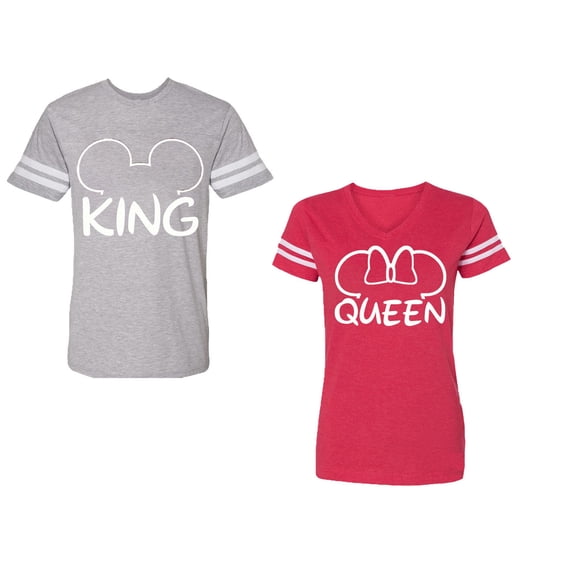 King Queen Ear Unisex Couple Matching Cotton Jersey style T-Shirt Contrasting stripes on sleeves (Men Heather / Women Red) (Men XL / Women S)