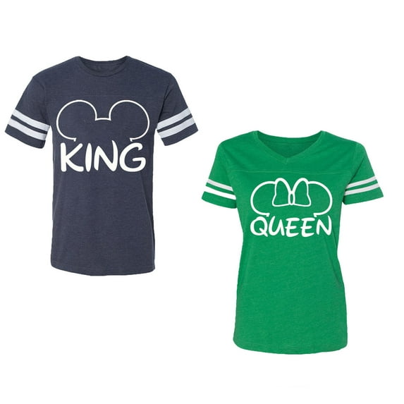 King Queen Ear Unisex Couple Matching Cotton Jersey style T-Shirt Contrasting stripes on sleeves (Men Navy / Women Green) (Men L / Women M)