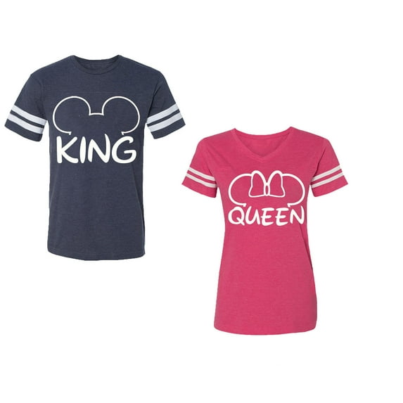 King Queen Ear Unisex Couple Matching Cotton Jersey style T-Shirt Contrasting stripes on sleeves (Men Navy / Women Pink) (Men M / Women L)
