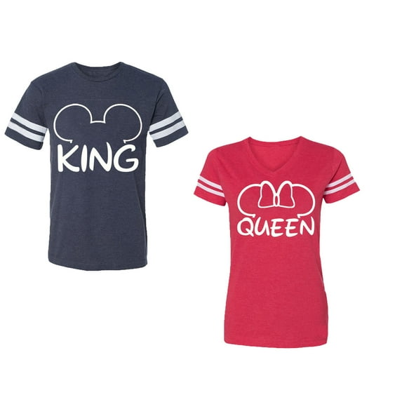 King Queen Ear Unisex Couple Matching Cotton Jersey style T-Shirt Contrasting stripes on sleeves (Men Navy / Women Red) (Men M / Women S)