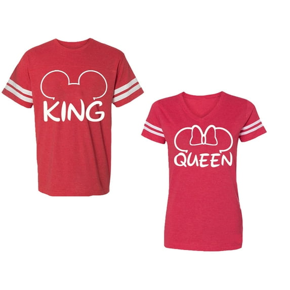 King Queen Ear Unisex Couple Matching Cotton Jersey style T-Shirt Contrasting stripes on sleeves (Men Red / Women Red) (Men L / Women M)