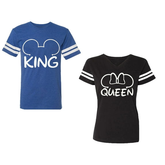 King Queen Ear Unisex Couple Matching Cotton Jersey style T-Shirt Contrasting stripes on sleeves (Men Royal / Women Black) (Men S / Women S)