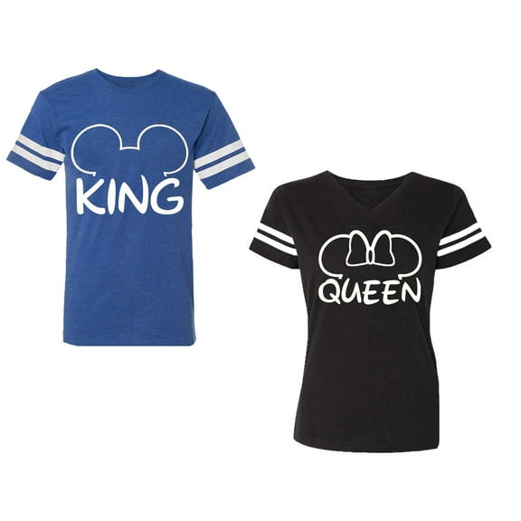 King Queen Ear Unisex Couple Matching Cotton Jersey style T-Shirt Contrasting stripes on sleeves (Men Royal / Women Black) (Men S / Women S)