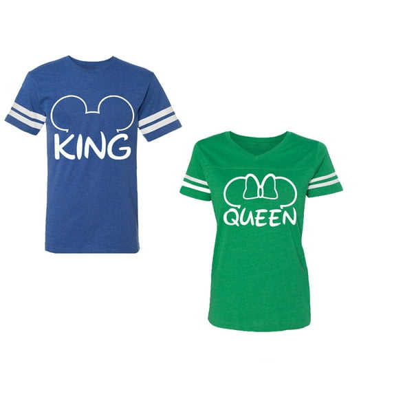 King Queen Ear Unisex Couple Matching Cotton Jersey style T-Shirt Contrasting stripes on sleeves (Men Royal / Women Green) (Men XL / Women XXL)
