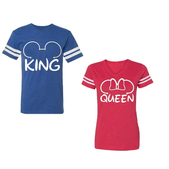 King Queen Ear Unisex Couple Matching Cotton Jersey style T-Shirt Contrasting stripes on sleeves (Men Royal / Women Red) (Men S / Women L)