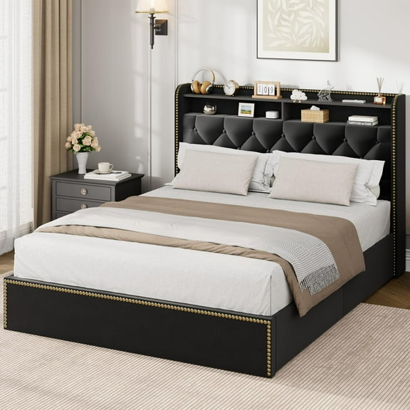 King/Queen/Full Size Bed Frame,Upholstered Platform with Storage Drawers,Velvet Platform Bed with Headboard,No Box Spring Needed Wooden Slats Bedframe