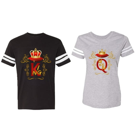 King Queen Gold Crown Matching Couple Cotton Jerseys (Men Black / Women Heather) (Men L / Women XXL)