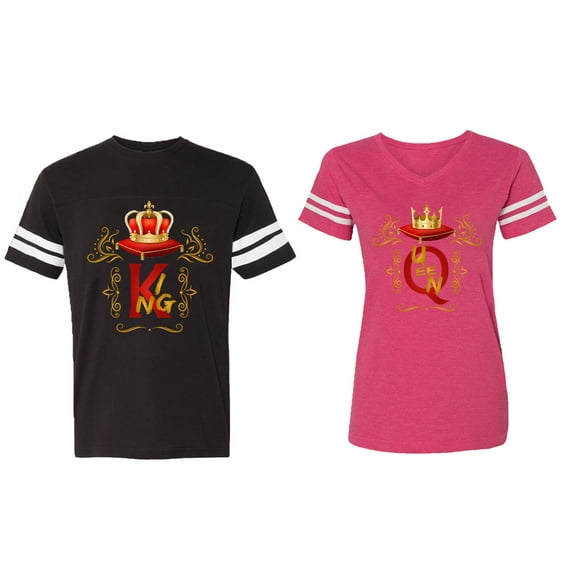 King Queen Gold Crown Matching Couple Cotton Jerseys (Men Black / Women Pink) (Men S / Women XXL)