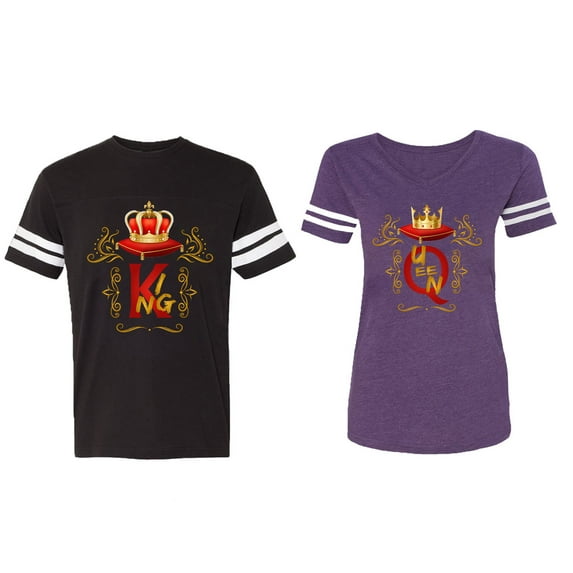 King Queen Gold Crown Matching Couple Cotton Jerseys (Men Black / Women Purple) (Men S / Women L)
