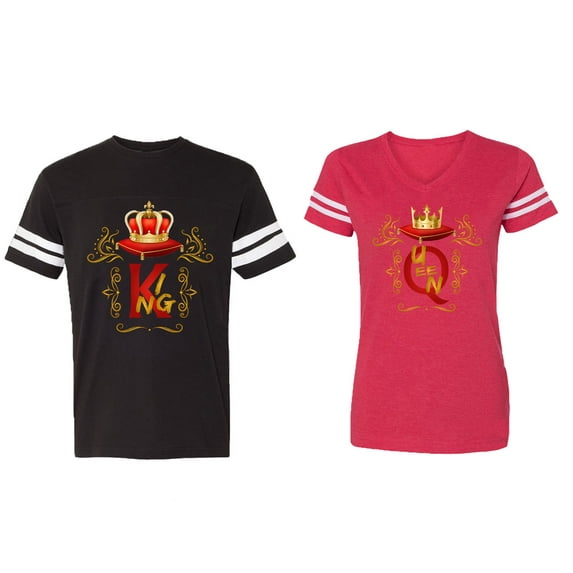 King Queen Gold Crown Matching Couple Cotton Jerseys (Men Black / Women Red) (Men S / Women S)