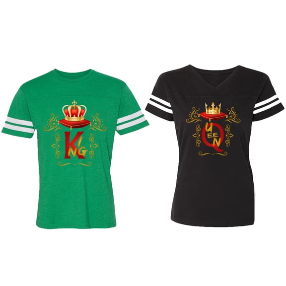 King Queen Gold Crown Matching Couple Cotton Jerseys (Men Green / Women Black) (Men S / Women S)