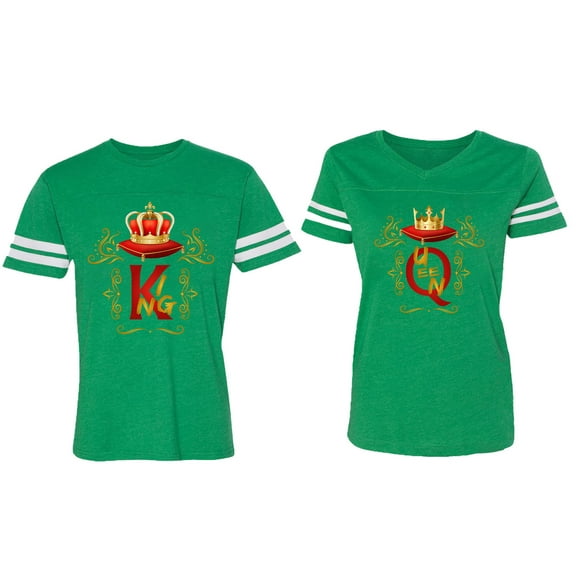 King Queen Gold Crown Matching Couple Cotton Jerseys (Men Green / Women Green) (Men S / Women M)