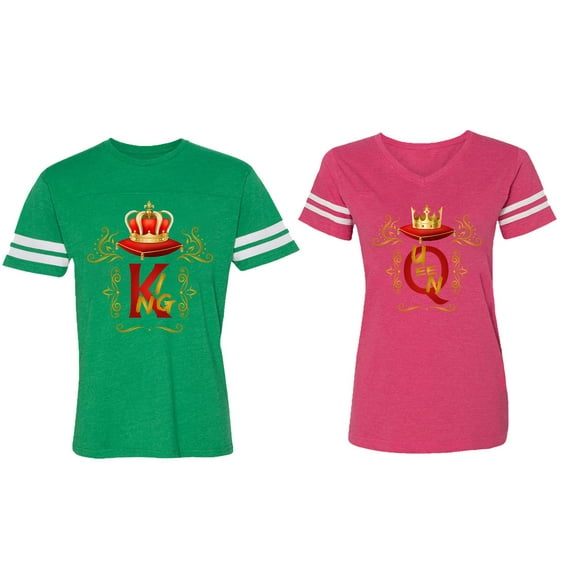 King Queen Gold Crown Matching Couple Cotton Jerseys (Men Green / Women Pink) (Men L / Women L)