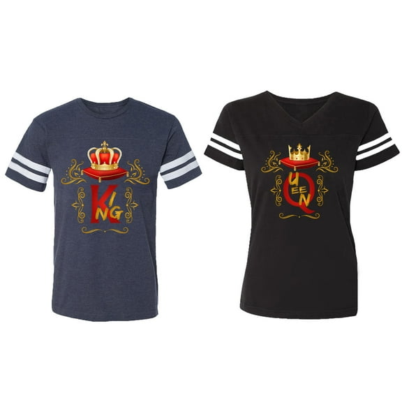 King Queen Gold Crown Matching Couple Cotton Jerseys (Men Navy / Women Black) (Men S / Women S)